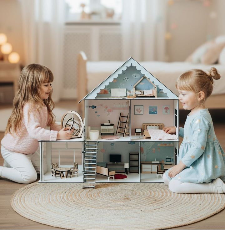 Large wood dollhouse, house with ladder, nautical baby toy, dollhouse for girl, dollhouse furniture, nautical dollhouse, miniature furniture