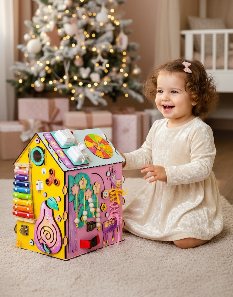 Busy house for girls, busy house toddler, toy for toddlers, pink montessori house, busy house wooden, educational toys, wooden sensory house