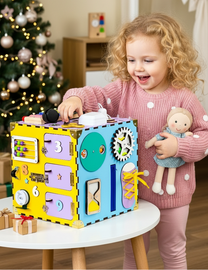 Colorful toddler wooden cube, busy board cube, wooden baby toys, montessori busy cube, wooden sensory toys, educational baby activity cube