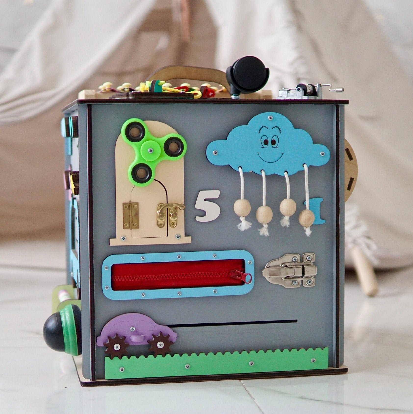 Personalized Baby Cube, Wooden Activity Cube, Motorikboard, Motorikbrett, Montessori Activity Center, Montessori Activity Cube,Activity cube