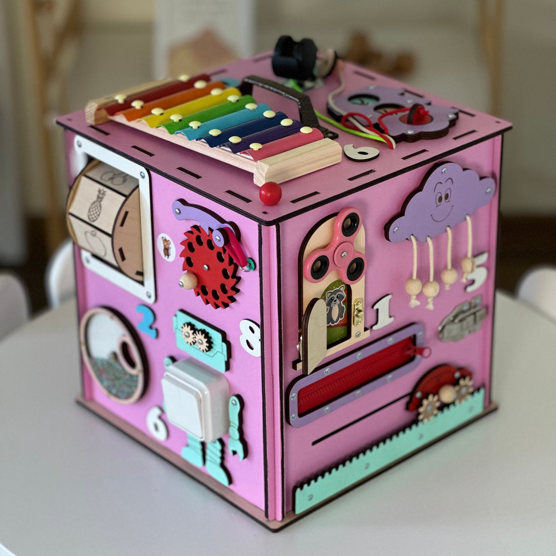 Personalized Baby Cube, Wooden Activity Cube, Motorikboard, Motorikbrett, Montessori Activity Center, Montessori Activity Cube,Activity cube