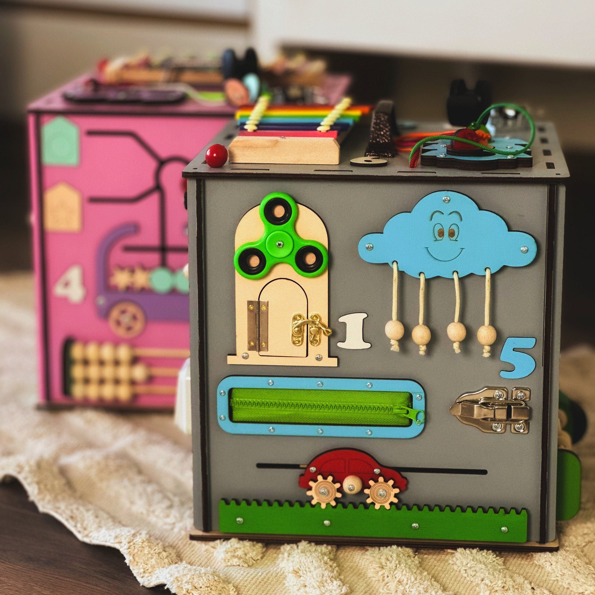 Personalized Baby Cube, Wooden Activity Cube, Motorikboard, Motorikbrett, Montessori Activity Center, Montessori Activity Cube,Activity cube