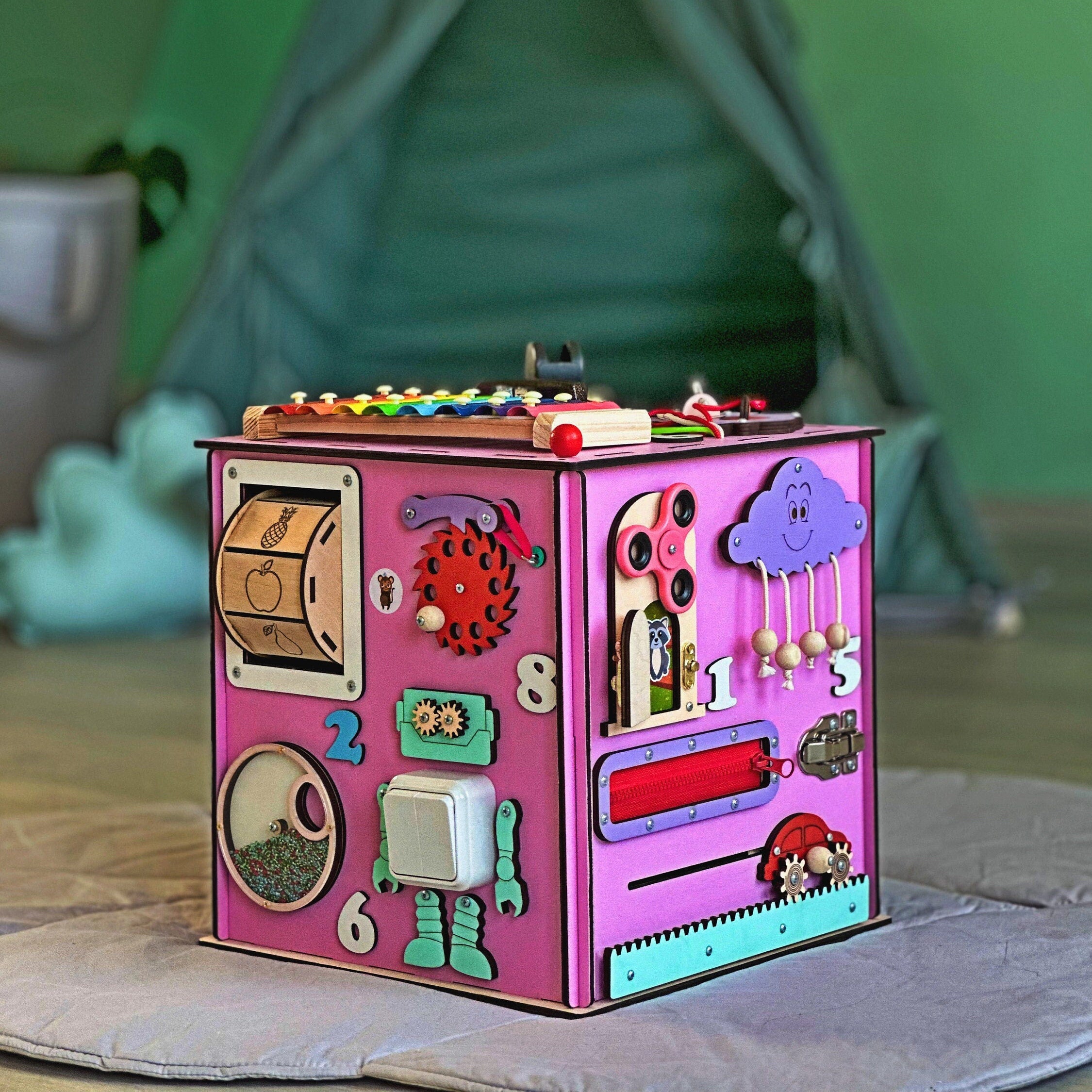 Personalized Baby Cube, Wooden Activity Cube, Motorikboard, Motorikbrett, Montessori Activity Center, Montessori Activity Cube,Activity cube