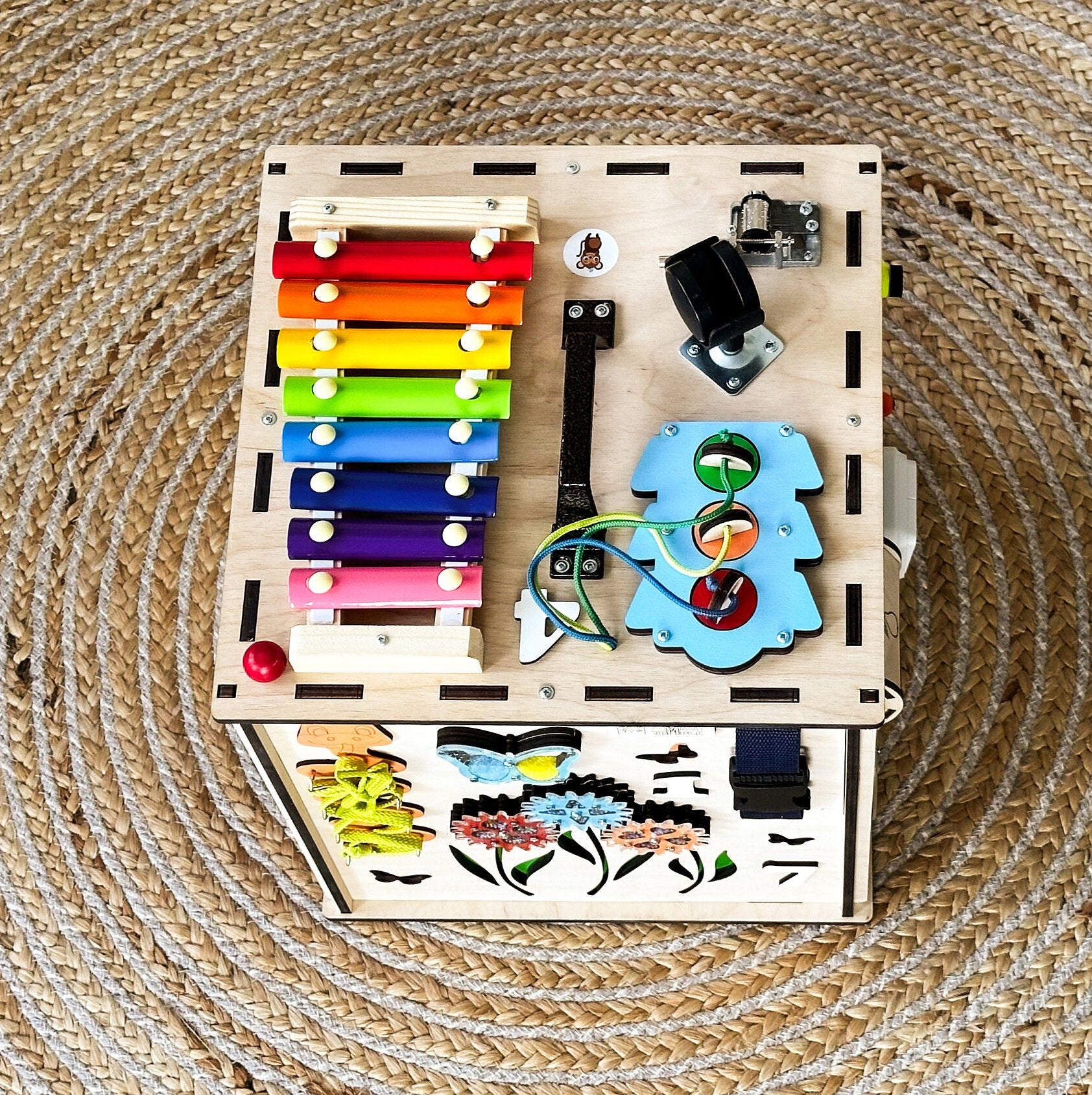 Personalized Baby Cube, Wooden Activity Cube, Motorikboard, Motorikbrett, Montessori Activity Center, Montessori Activity Cube,Activity cube