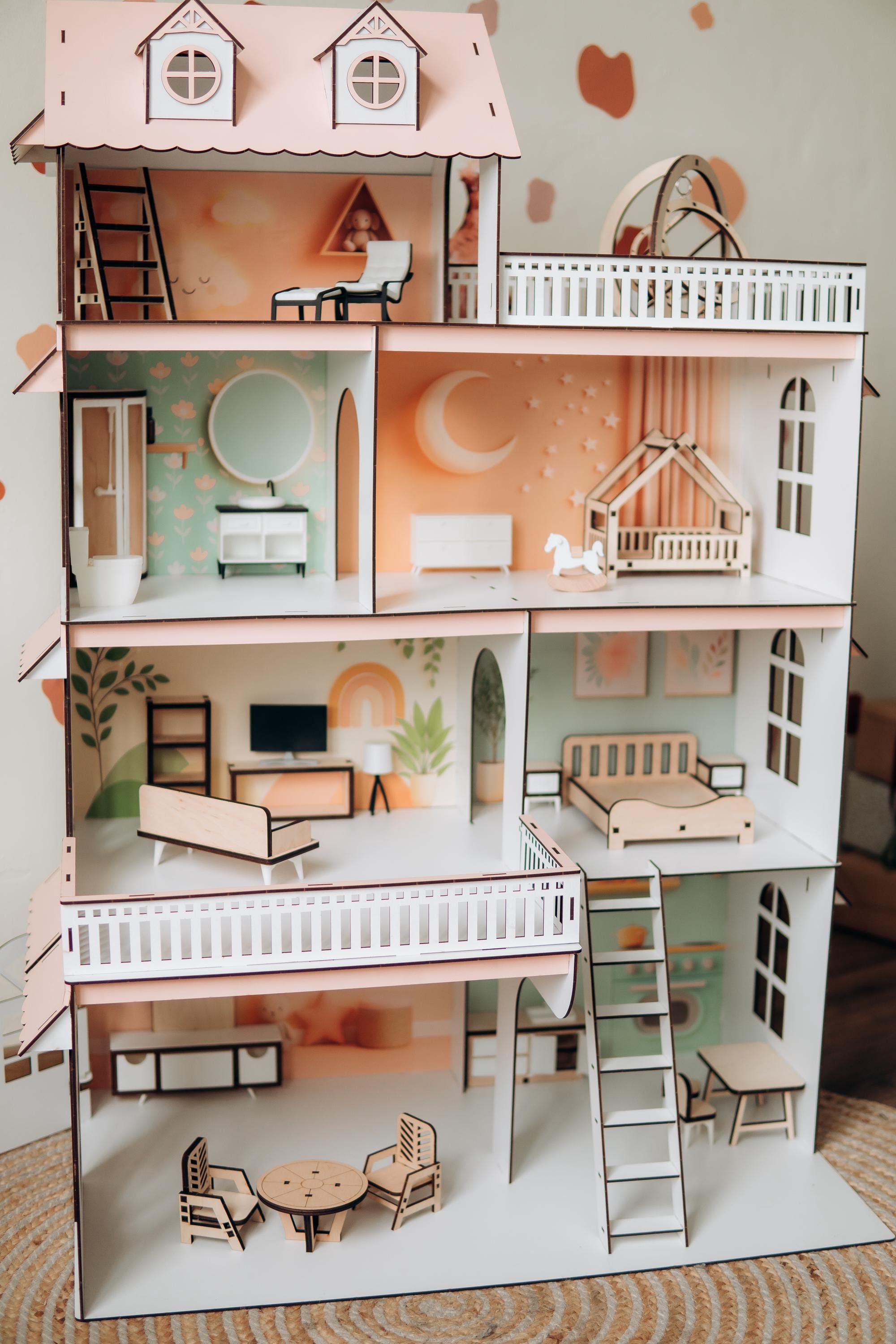 pink dollhouse,
wooden dollhouse,
house with windows,
big dollhouse,
house with balcony,
dollhouse furniture,
playhouse for girl,
kid&#39;s dollhouse,
large dollhouse,
house with shutters,
large playhouse,
dollhouse toy,
modern dolls house