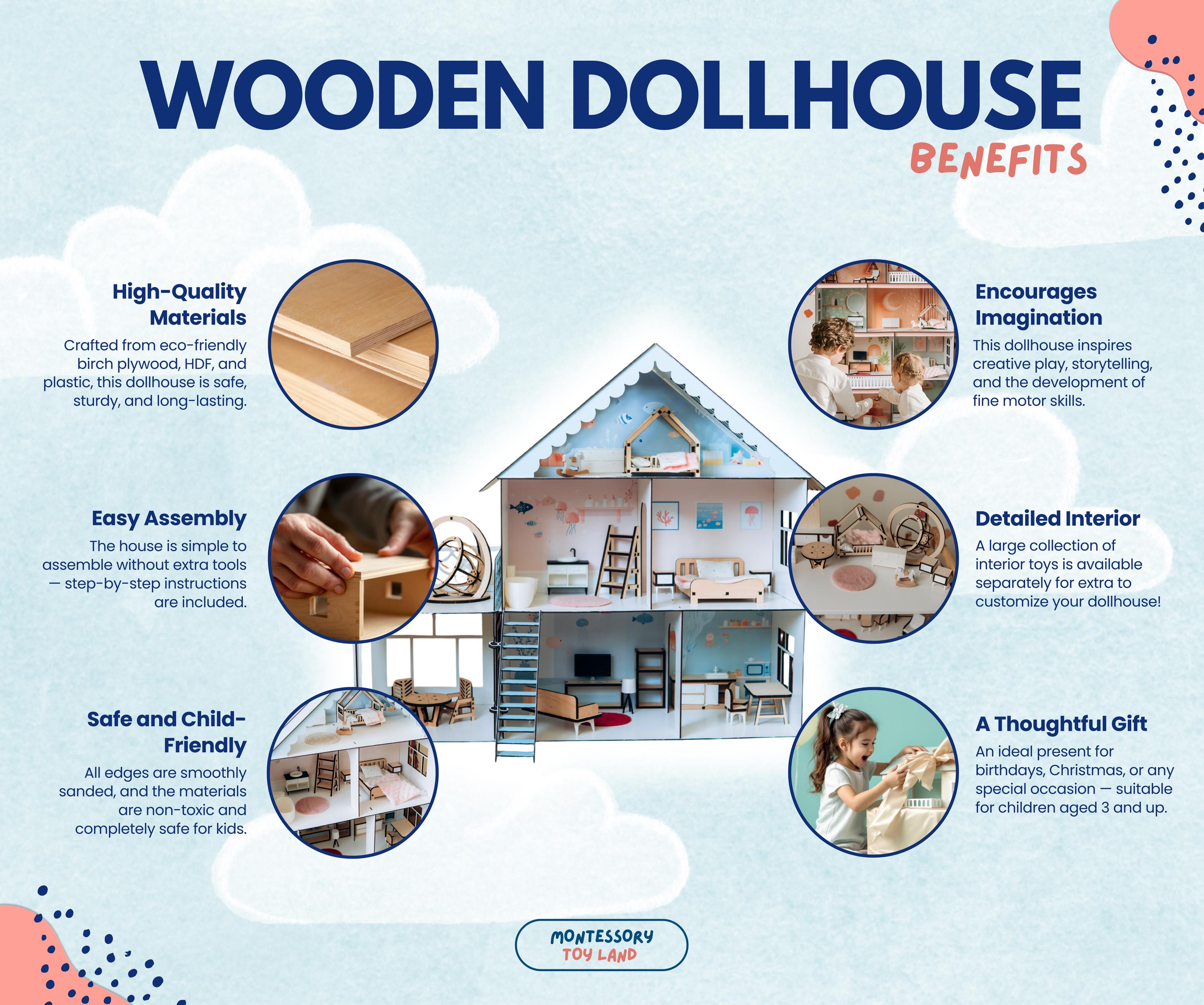 Large wood dollhouse, house with ladder, nautical baby toy, dollhouse for girl, dollhouse furniture, nautical dollhouse, miniature furniture