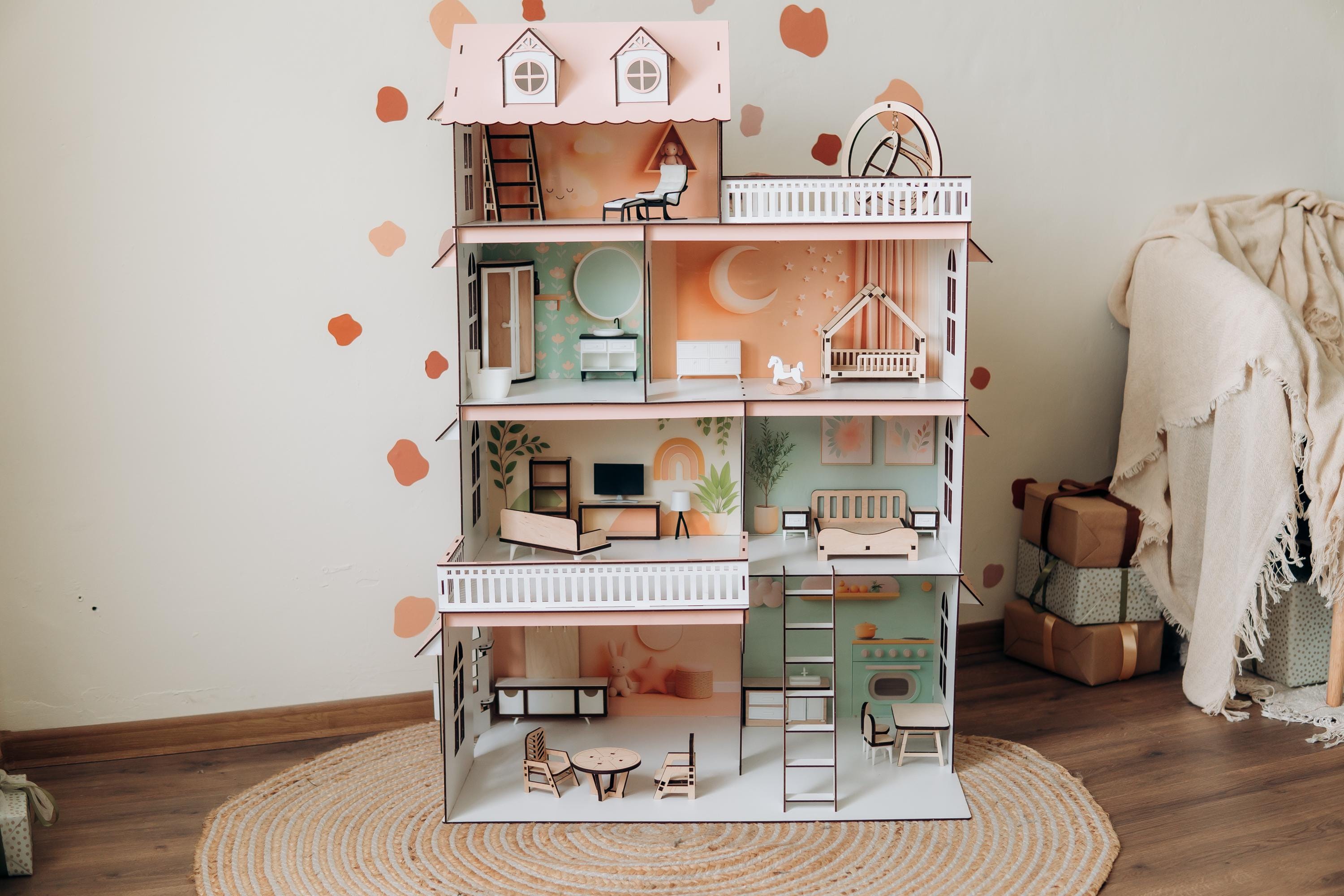 pink dollhouse,
wooden dollhouse,
house with windows,
big dollhouse,
house with balcony,
dollhouse furniture,
playhouse for girl,
kid&#39;s dollhouse,
large dollhouse,
house with shutters,
large playhouse,
dollhouse toy,
modern dolls house